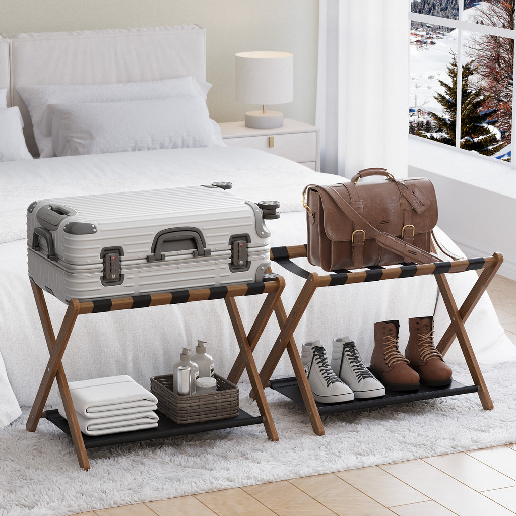 Walnut bamboo folding luggage rack with lower shelf