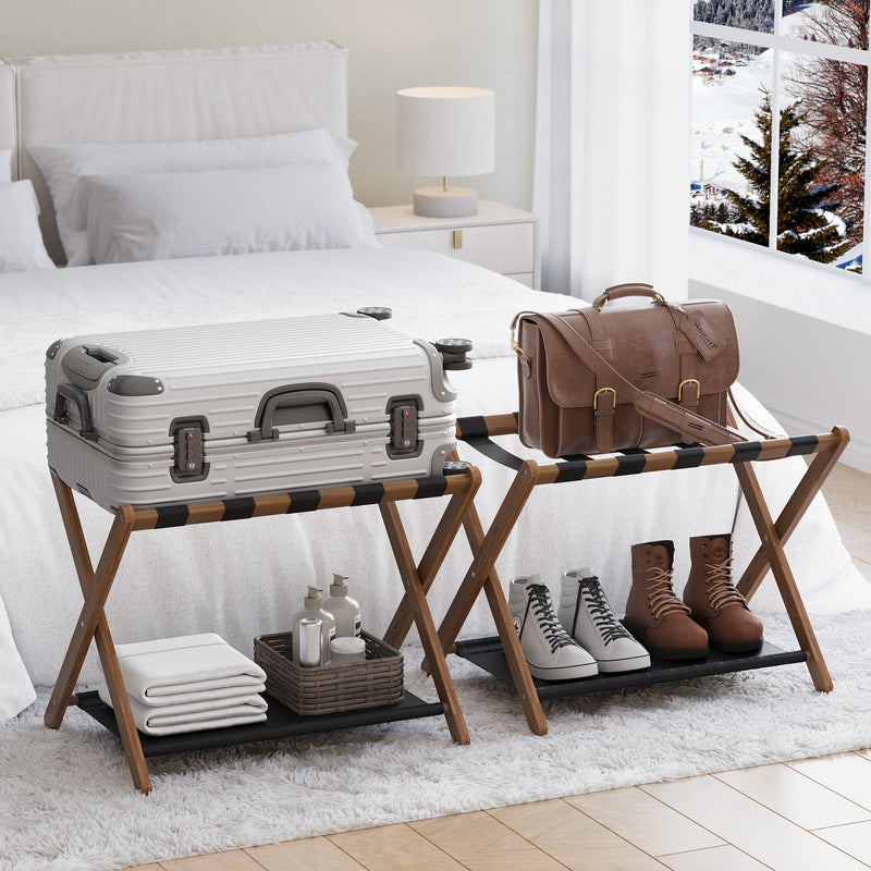 Walnut bamboo folding luggage rack with lower shelf