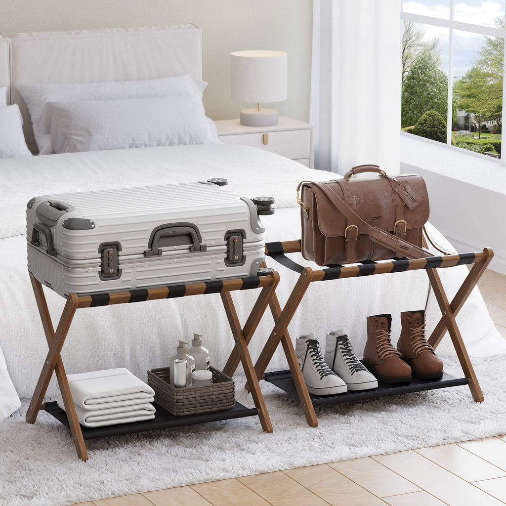 Bamboo Folding Luggage Rack with Lower Shelf