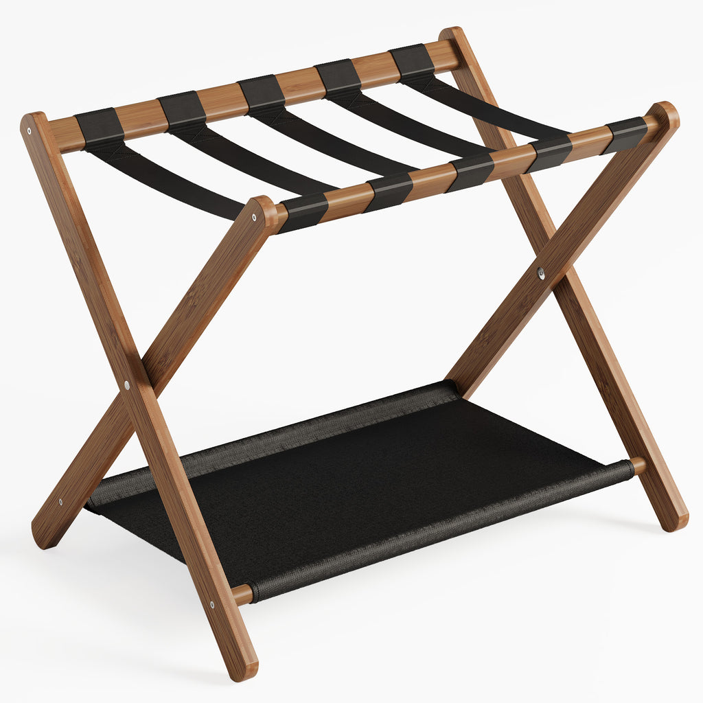 Bamboo Folding Luggage Rack with Lower Shelf