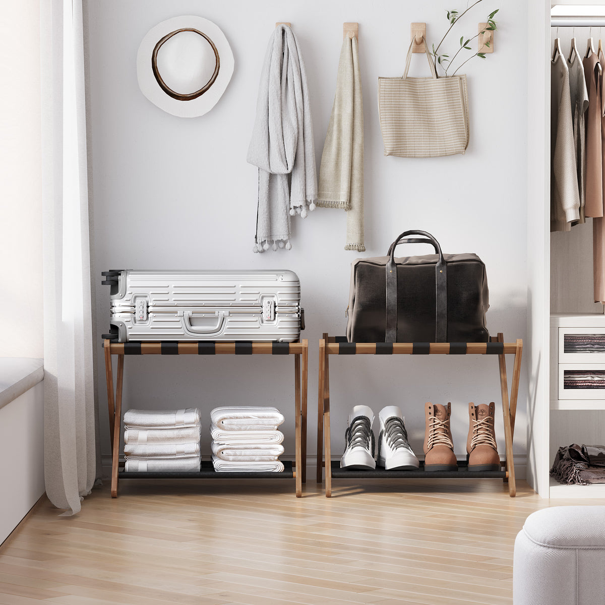 Bamboo Folding Luggage Rack with Lower Shelf