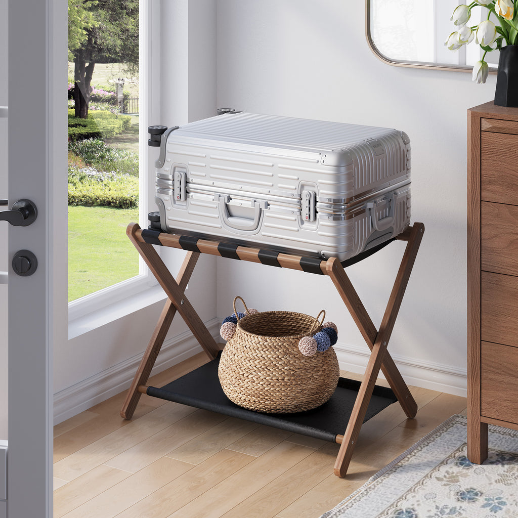 Bamboo Folding Luggage Rack with Lower Shelf