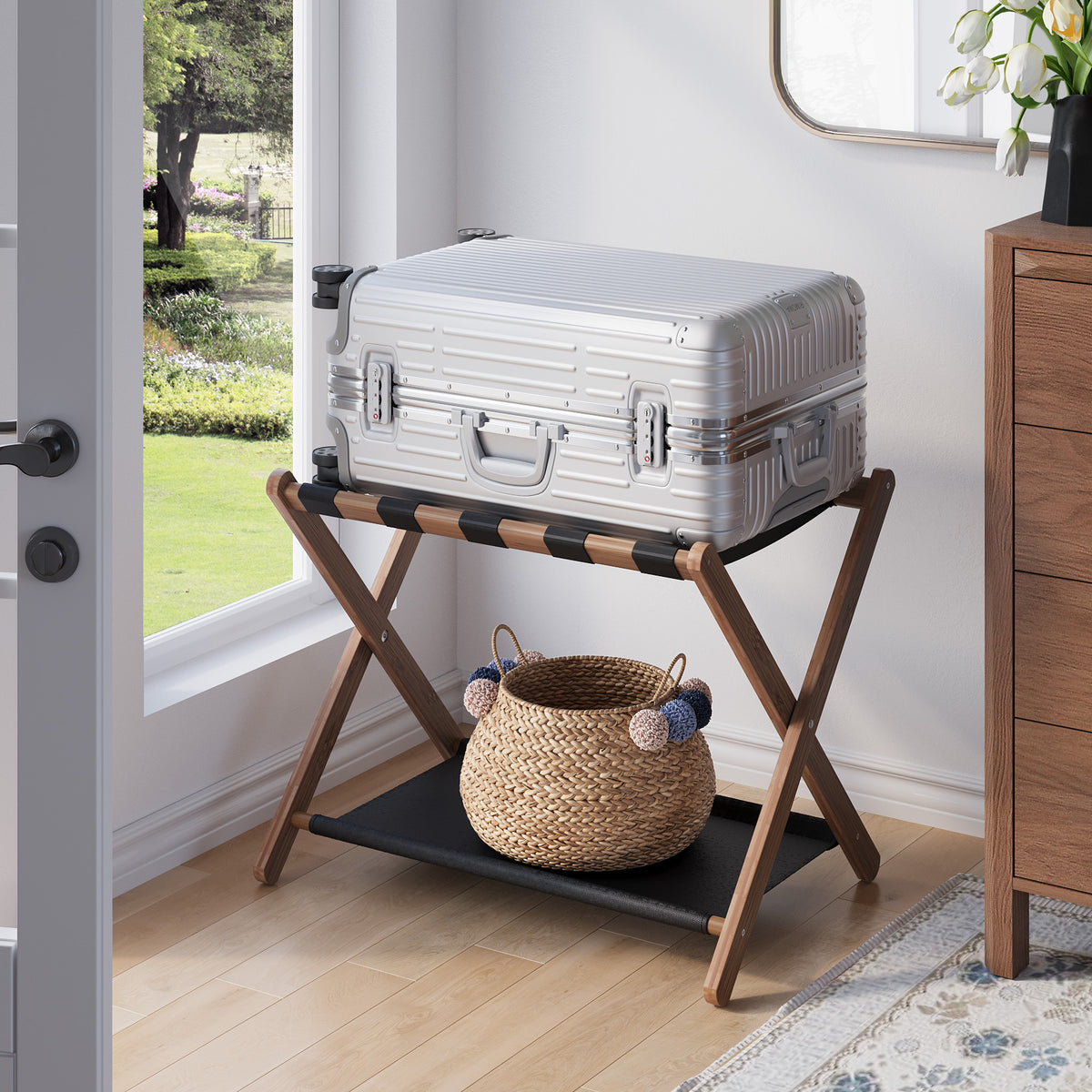 Bamboo Folding Luggage Rack with Lower Shelf