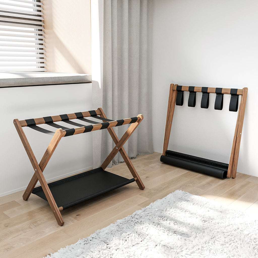 Bamboo Folding Luggage Rack with Lower Shelf