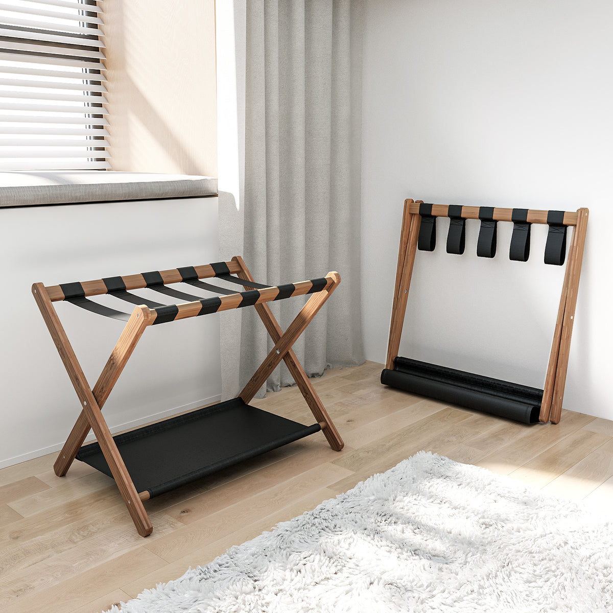 Bamboo Folding Luggage Rack with Lower Shelf